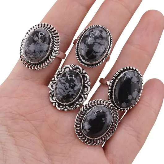 Inel reglabil cu montura argintie Obsidian fulg de nea, imagine 6
