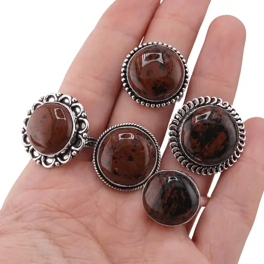 Inel reglabil cu montura argintie Obsidian mahon, imagine 6