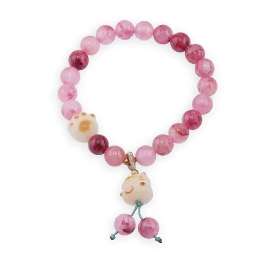 Bratara pe elastic cu Agat roz sfere 8mm si charm Maneki Neko