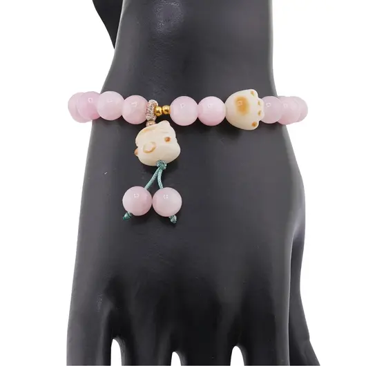 Bratara pe elastic cu Cuart roz sfere 8mm si charm Maneki Neko, imagine 2