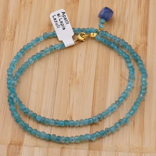 Colier Apatit discuri fatetate 4mm si pandantiv Lapis lazuli cub fatetat 7-8mm, imagine 2