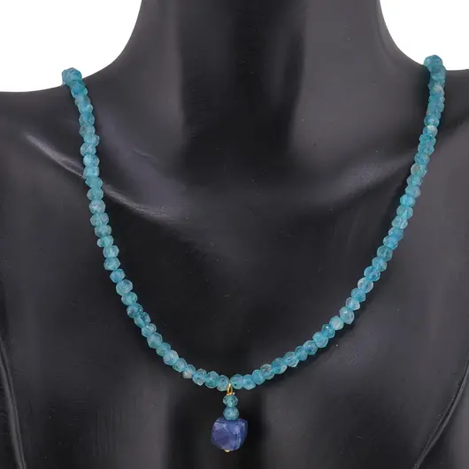 Colier Apatit discuri fatetate 4mm si pandantiv Lapis lazuli cub fatetat 7-8mm, imagine 3