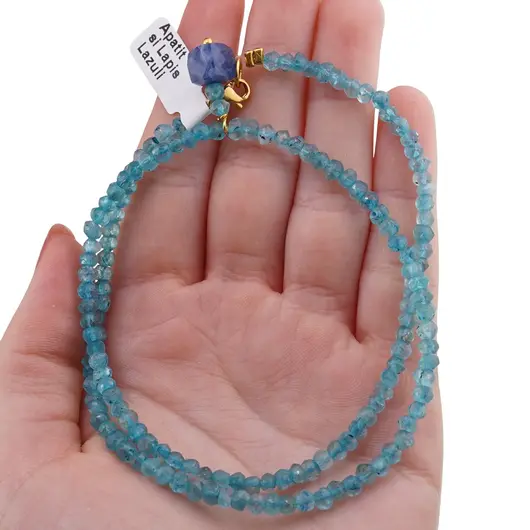 Colier Apatit discuri fatetate 4mm si pandantiv Lapis lazuli cub fatetat 7-8mm, imagine 4