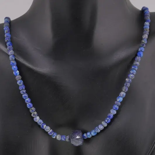 Colier Lapis lazuli discuri fatetate 4mm si cub fatetat 8-9mm, imagine 2