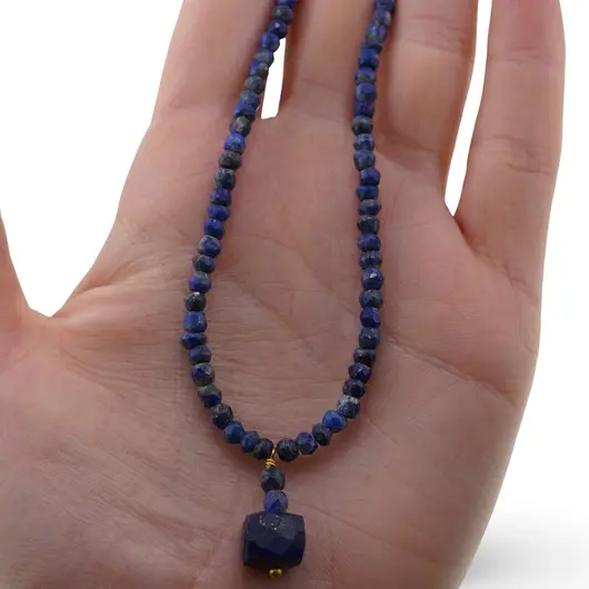 Colier Lapis lazuli discuri fatetate 4mm si pandantiv cub fatetat 8-9mm, imagine 3