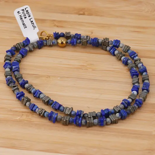 Colier Lapis Lazuli sfere si patratele 3-4mm cu Pirita patratele si sfera fatetata din Hematit auriu 6mm, imagine 2