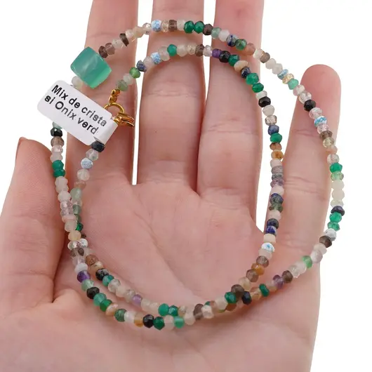Colier Mix de cristale discuri fatetate 3-4mm si cub fatetat Onix verde 8mm, imagine 4