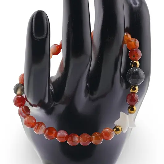 Bratara Carneol cu benzi sfere fatetate 6mm, Larvikit 8mm si steluta din Sidef 10mm cu bumbi aurii, imagine 2