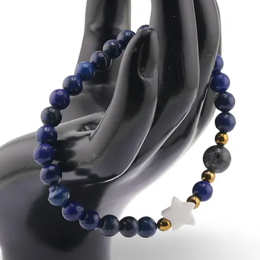 Bratara Lapis lazuli sfere 6mm, Larvikit 8mm si steluta din Sidef 10mm cu bumbi aurii, imagine 2