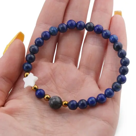 Bratara Lapis lazuli sfere 6mm, Larvikit 8mm si steluta din Sidef 10mm cu bumbi aurii, imagine 3