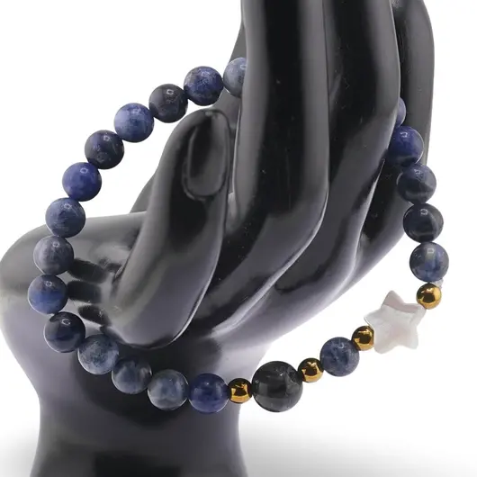 Bratara Sodalit sfere 6mm, Larvikit 8mm si steluta din Sidef 10mm cu bumbi aurii, imagine 2