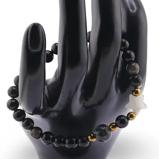 Bratara Obsidian auriu sfere 6mm, Larvikit 8mm si steluta din Sidef 10mm cu bumbi aurii, imagine 2