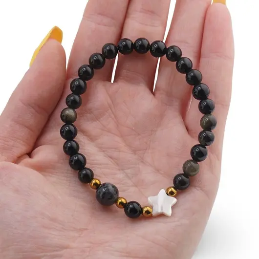 Bratara Obsidian auriu sfere 6mm, Larvikit 8mm si steluta din Sidef 10mm cu bumbi aurii, imagine 3