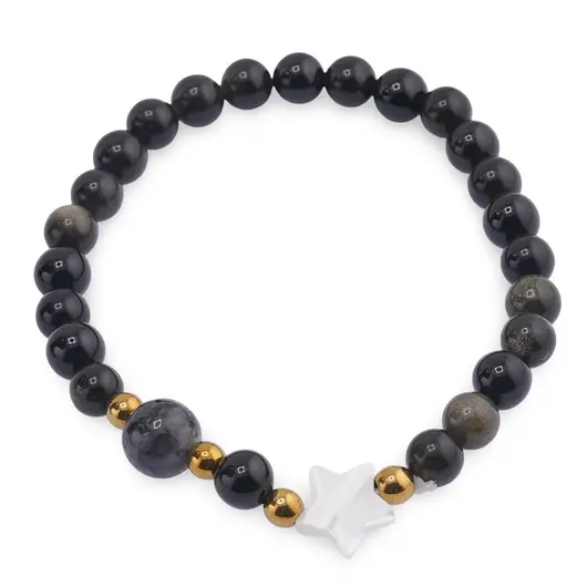 Bratara Obsidian auriu sfere 6mm, Larvikit 8mm si steluta din Sidef 10mm cu bumbi aurii