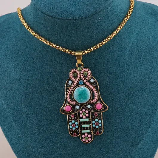 Colier Feng Shui auriu cu pandantiv Hamsa colorata, 6,5cm, imagine 2