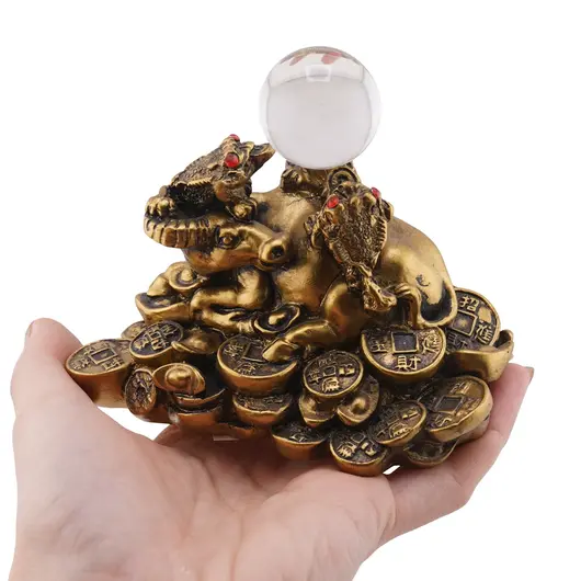 Statueta Feng Shui Bivol cu broaste raioase si sfera din rasina, 11cm, imagine 3