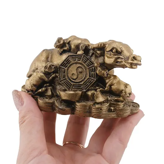 Statueta Feng Shui Bivol cu pui si Bagua din rasina, 10cm, imagine 3