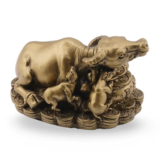 Statueta Feng Shui Bivol cu pui si bolul prosperitatii din rasina, 9,5cm, imagine 2