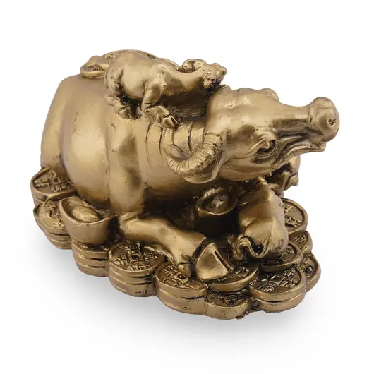 Statueta Feng Shui Bivol cu pui si monede din rasina, 10cm, imagine 2
