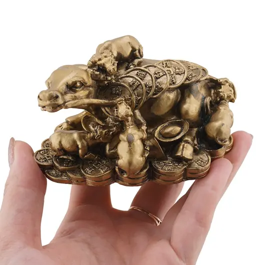 Statueta Feng Shui Bivol cu pui si monede din rasina, 10cm, imagine 3