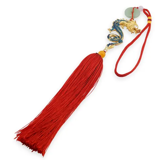Amuleta breloc Feng Shui Dragon albastru model 2 cu pietre semipretioase si ciucure rosu