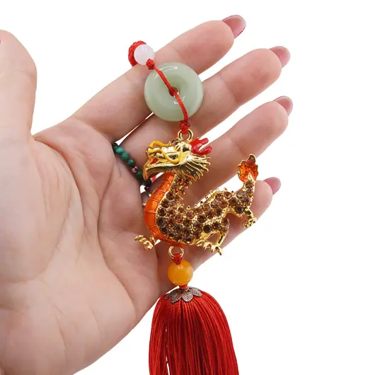 Amuleta breloc Feng Shui Dragon portocaliu model 1 cu pietre semipretioase si ciucure rosu, imagine 3