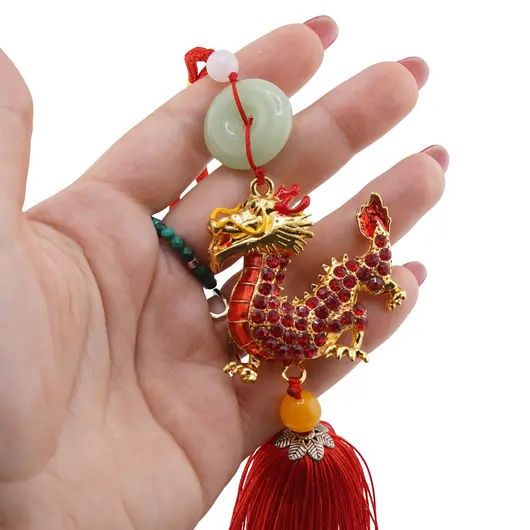 Amuleta breloc Feng Shui Dragon rosu model 1 cu pietre semipretioase si ciucure rosu, imagine 3