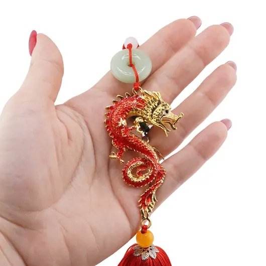 Amuleta breloc Feng Shui Dragon rosu model 2 cu pietre semipretioase si ciucure rosu, imagine 3