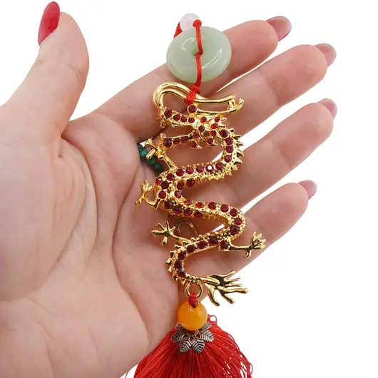Amuleta breloc Feng Shui Dragon rosu model 3 cu pietre semipretioase si ciucure rosu, imagine 3