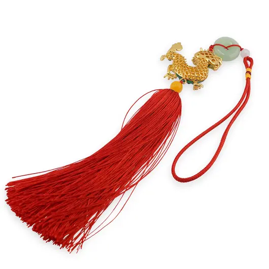 Amuleta breloc Feng Shui Dragon verde model 1 cu pietre semipretioase si ciucure rosu, imagine 2
