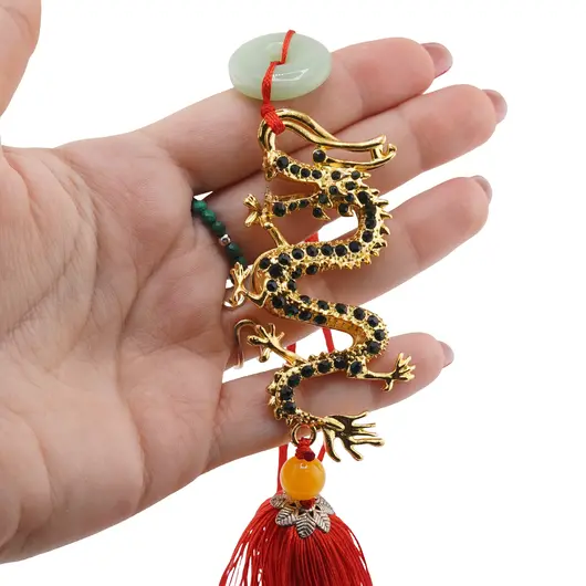 Amuleta breloc Feng Shui Dragon verde model 3 cu pietre semipretioase si ciucure rosu, imagine 3