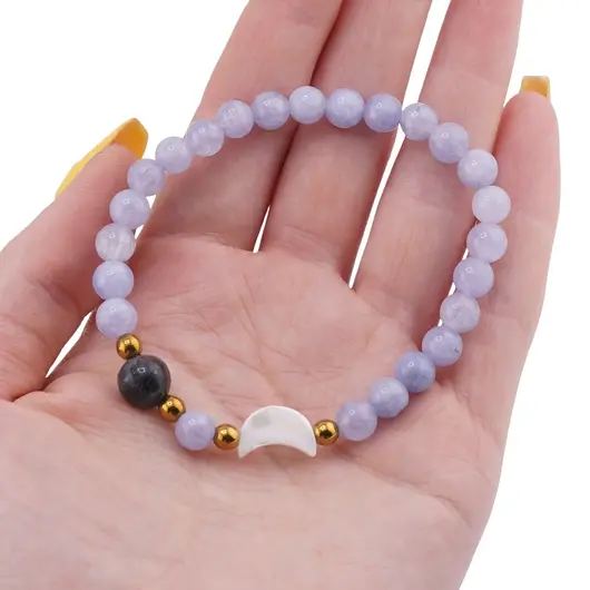 Bratara Agat bleu sfere 6mm, Larvikit 8mm si luna din Sidef 12mm cu bumbi aurii, imagine 3
