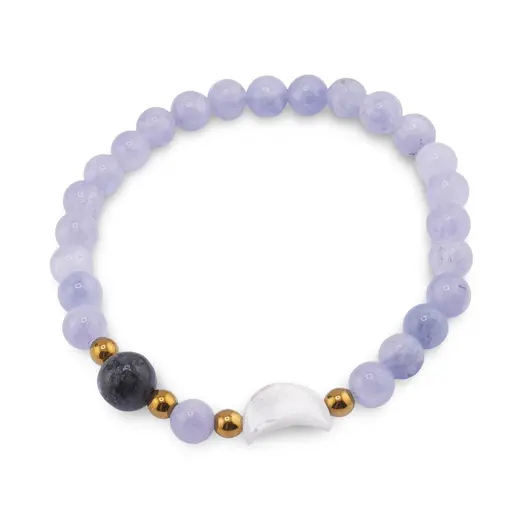 Bratara Agat bleu sfere 6mm, Larvikit 8mm si luna din Sidef 12mm cu bumbi aurii