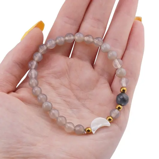 Bratara Agat gri sfere 6mm, Larvikit 8mm si luna din Sidef 12mm cu bumbi aurii, imagine 3