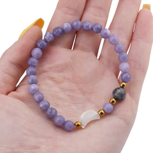 Bratara Agat mov sfere 6mm, Larvikit 8mm si luna din Sidef 12mm cu bumbi aurii, imagine 3