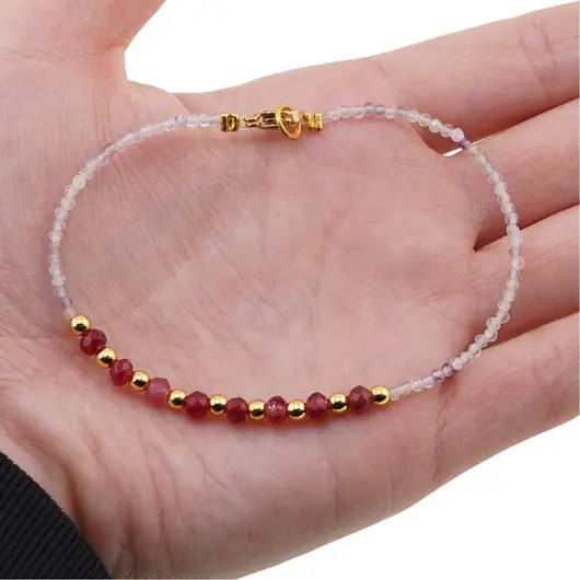 Bratara Agat roz discuri fatetate 4mm, Fluorit sfere fatetate 2mm si bumbi aurii, imagine 2