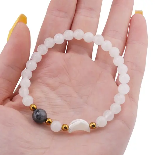 Bratara Cristal de stanca sfere 6mm, Larvikit 8mm si luna din Sidef 12mm cu bumbi aurii, imagine 3