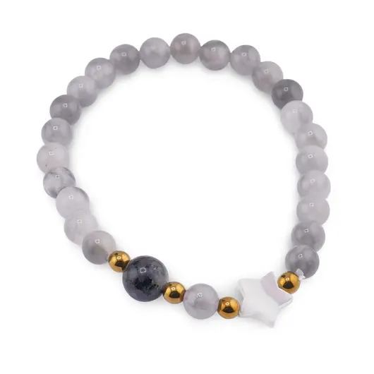 Bratara Cuart gri sfere 6mm, Larvikit 8mm si steluta din Sidef 10mm cu bumbi aurii