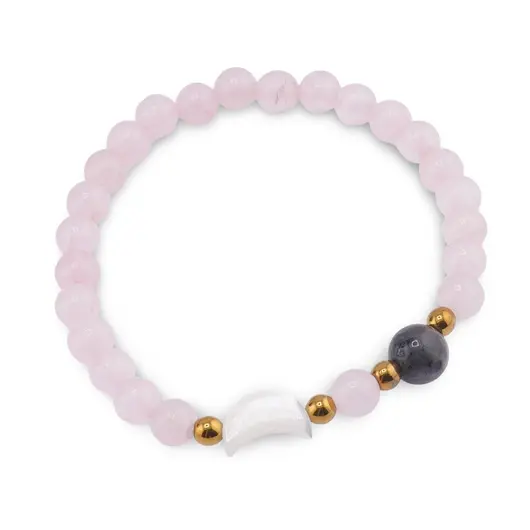 Bratara Cuart roz sfere 6mm, Larvikit 8mm si luna din Sidef 12mm cu bumbi aurii