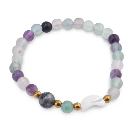 Bratara Fluorit sfere 6mm, Larvikit 8mm si luna din Sidef 12mm cu bumbi aurii