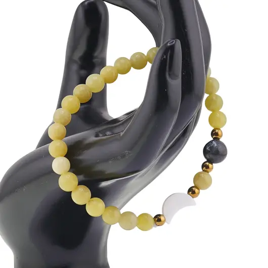 Bratara Jad olive sfere 6mm, Larvikit 8mm si luna din Sidef 12mm cu bumbi aurii, imagine 2