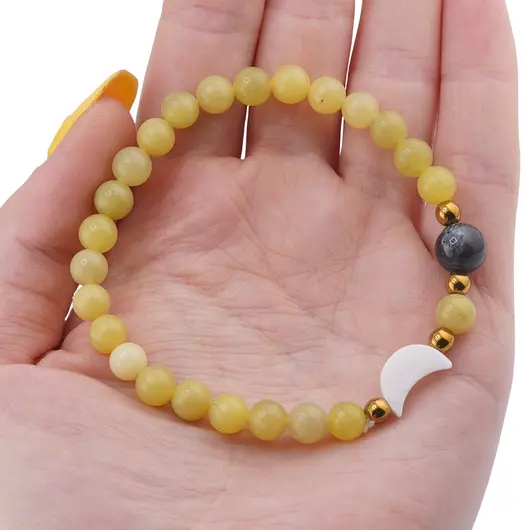 Bratara Jad olive sfere 6mm, Larvikit 8mm si luna din Sidef 12mm cu bumbi aurii, imagine 3