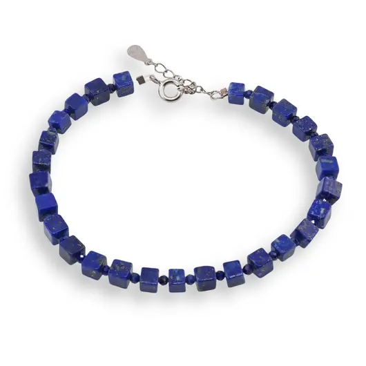 Bratara Lapis lazuli cuburi 4mm, sfere fatetate 2mm si argint 925