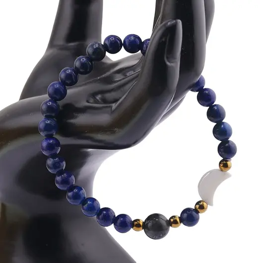 Bratara Lapis lazuli sfere 6mm, Larvikit 8mm si luna din Sidef 12mm cu bumbi aurii, imagine 2