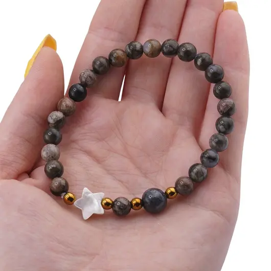 Bratara Llanit sfere 6mm, Larvikit 8mm si steluta din Sidef 10mm cu bumbi aurii, imagine 3