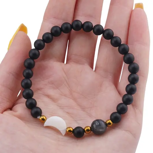 Bratara Onix mat sfere 6mm, Larvikit 8mm si luna din Sidef 12mm cu bumbi aurii, imagine 3