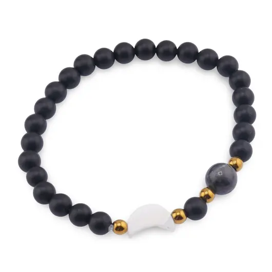 Bratara Onix mat sfere 6mm, Larvikit 8mm si luna din Sidef 12mm cu bumbi aurii
