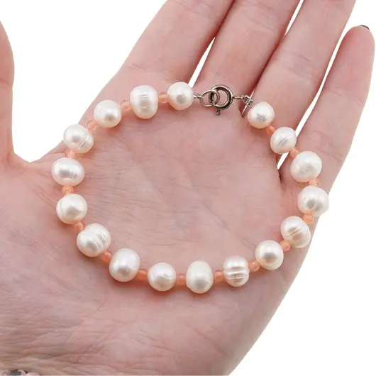 Bratara Perle de cultura neuniforme 8-10mm si Agat piersica sfere 3mm, imagine 2