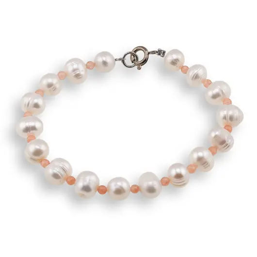 Bratara Perle de cultura neuniforme 8-10mm si Agat piersica sfere 3mm