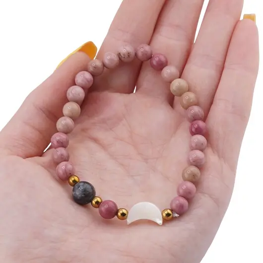 Bratara Rodonit roz sfere 6mm, Larvikit 8mm si luna din Sidef 12mm cu bumbi aurii, imagine 3